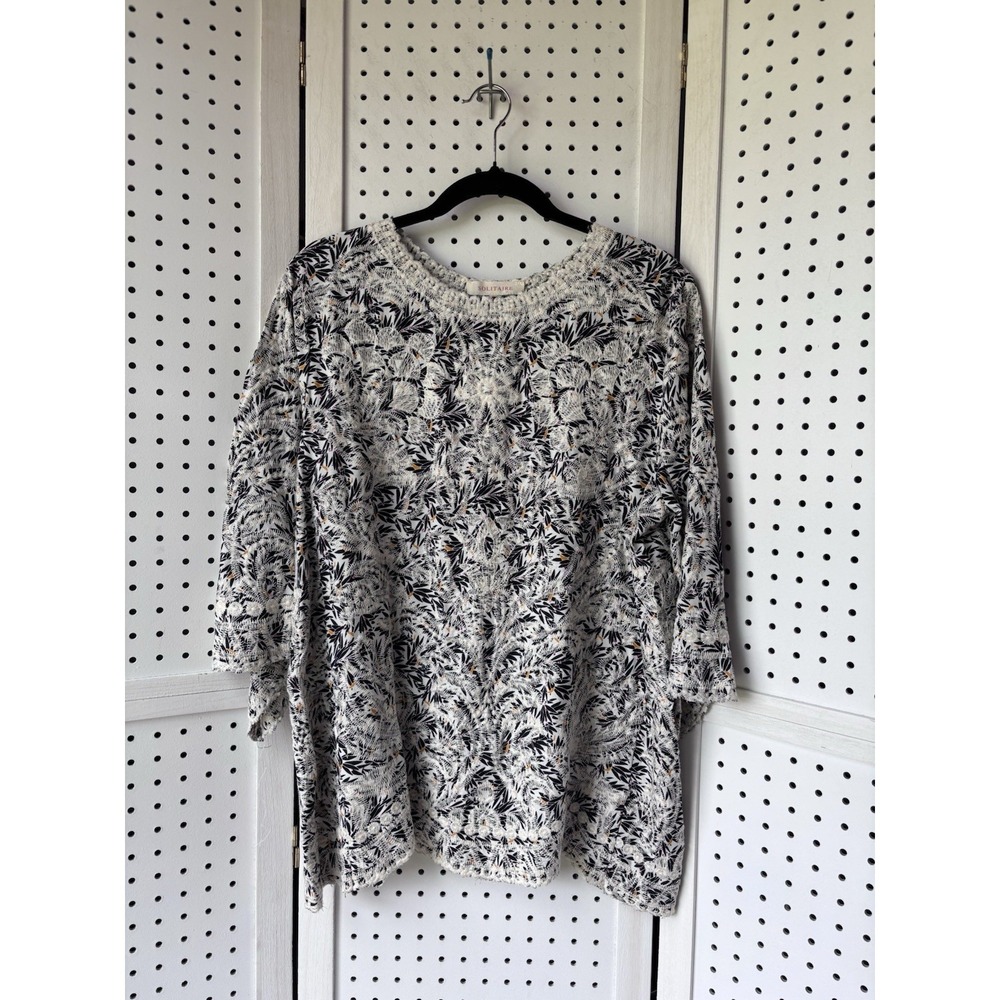 Solitaire Black Ivory Embroidered Scalloped Hem Bell 3/4 Sleeve Boho Blouse Lg